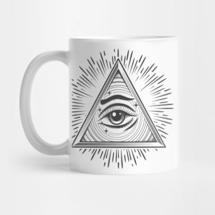 All seeing Eye in Triangle. Freemasonry occult Symbol in engraving style. Vector illustration Mug